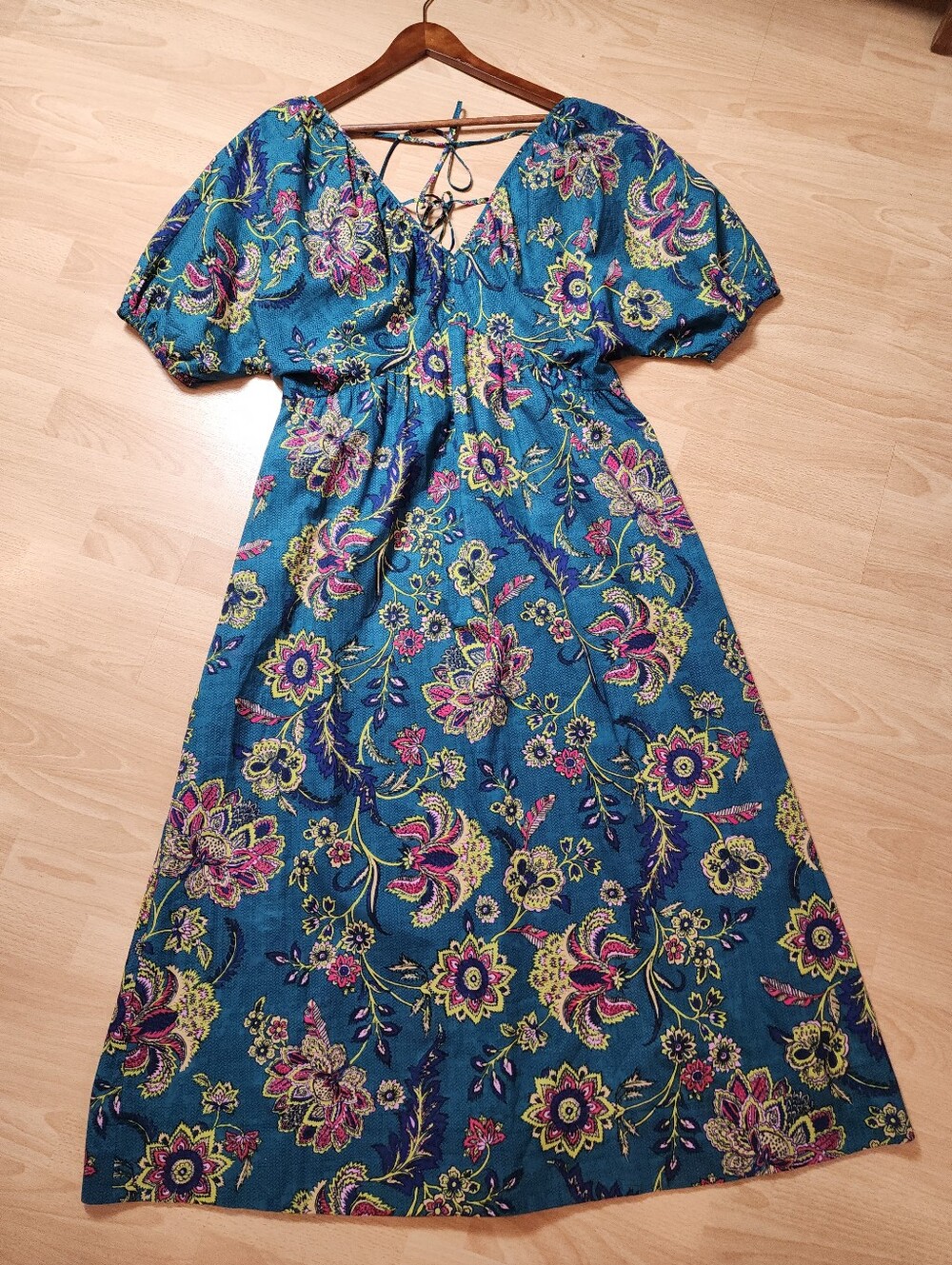 The Good Journey 100% Cotton Midi Maxi Dress Blue Floral Puff Sleeve Pockets 12